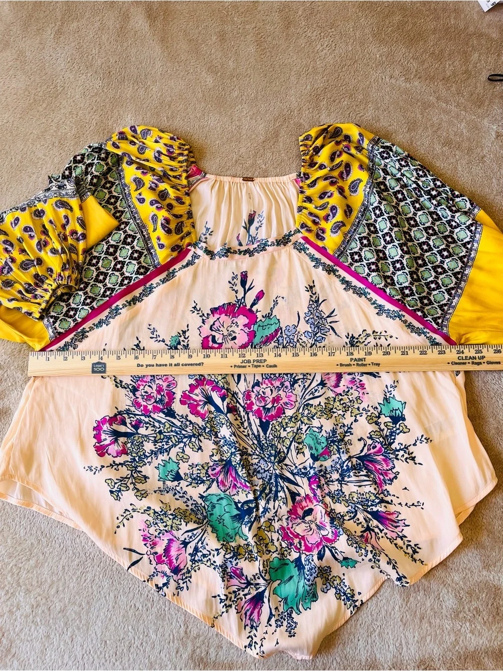 Free People Yellow Flowey Floral Mixed-Print Handkerchief Hem Blouse Size XS